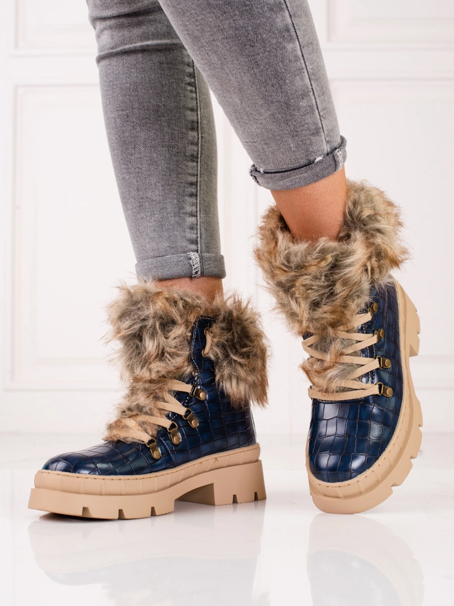 Dámske luxusné členkové topánky tmavomodré modré s plochým podpätkom